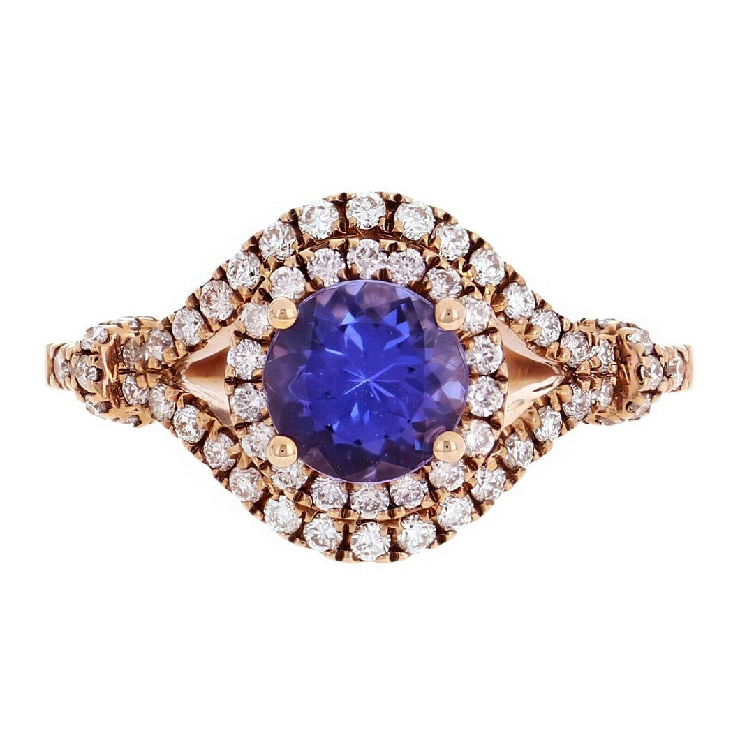 Womens Solid Gold Ring 14k Rose Gold 0.32ctw Tanzanite & Diamond Double Halo Split Ring Size 4 - Jewelry Store by Erik Rayo