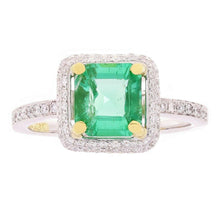 Load image into Gallery viewer, Womens Solid Gold Ring 14k Yellow &amp; White Gold 0.65ctw Emerald &amp; Diamond Halo Engagement Ring - Jewelry Store by Erik Rayo
