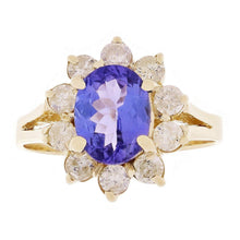 Load image into Gallery viewer, Womens Solid Gold Ring 14k Yellow Gold 0.75ctw Tanzanite &amp; Diamond Floral Cluster Cocktail Ring Size 7 - Jewelry Store by Erik Rayo
