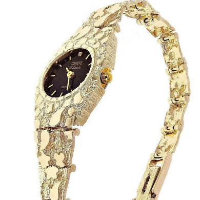 Womens Watch 10k Yellow Gold Nugget Link Bracelet Geneve Wrist Watch with Diamond 7.5