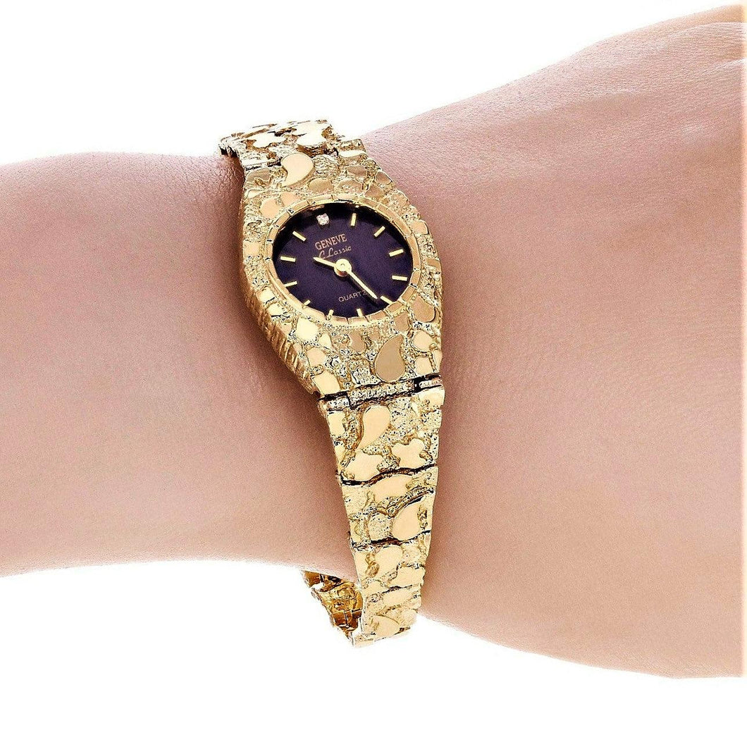 Womens Watch 14k Yellow Gold Nugget Link Bracelet Geneve Wrist Watch with Diamond 7-7.5