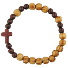 Load image into Gallery viewer, Wood Bracelet with Cross Christian Bead Wristlet Olive Wood 15mm Stone Cross Stretch Cord 7.5 - Jewelry Store by Erik Rayo
