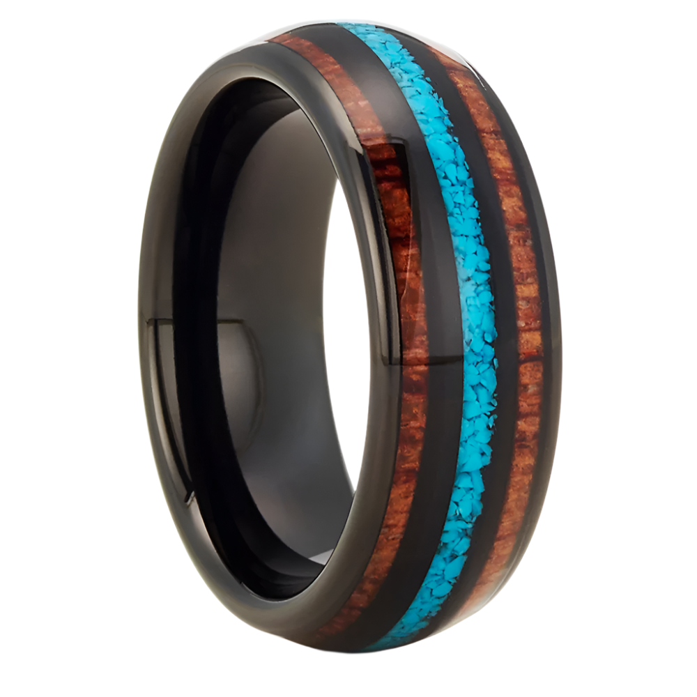 Men's Wedding Band Ring with Koa Wood and Crushed Turquoise - Perfect for Weddings and Special Occasions