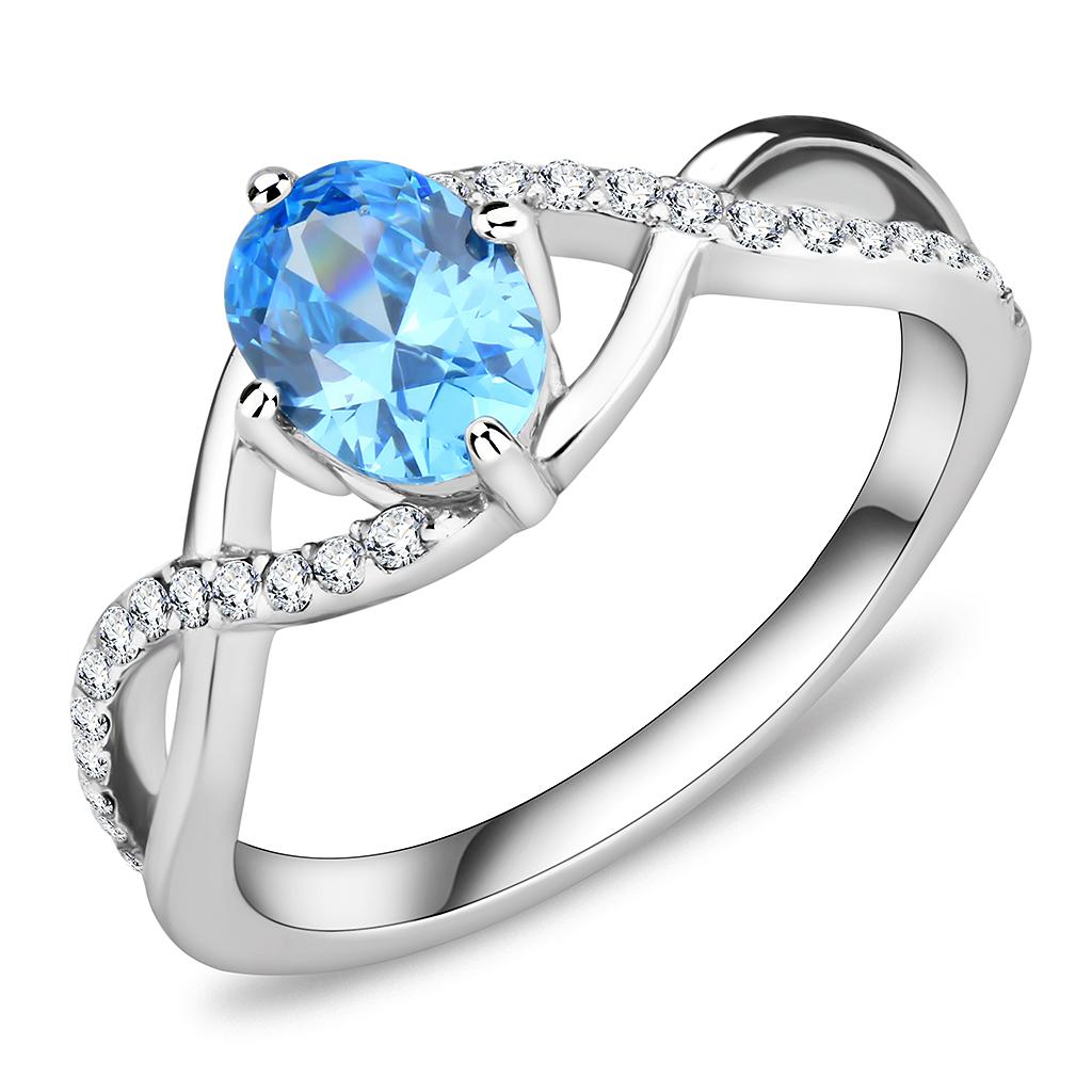 Silver Rings for Women 316L Stainless Steel DA117 - AAA Grade Cubic Zirconia in Sea Blue