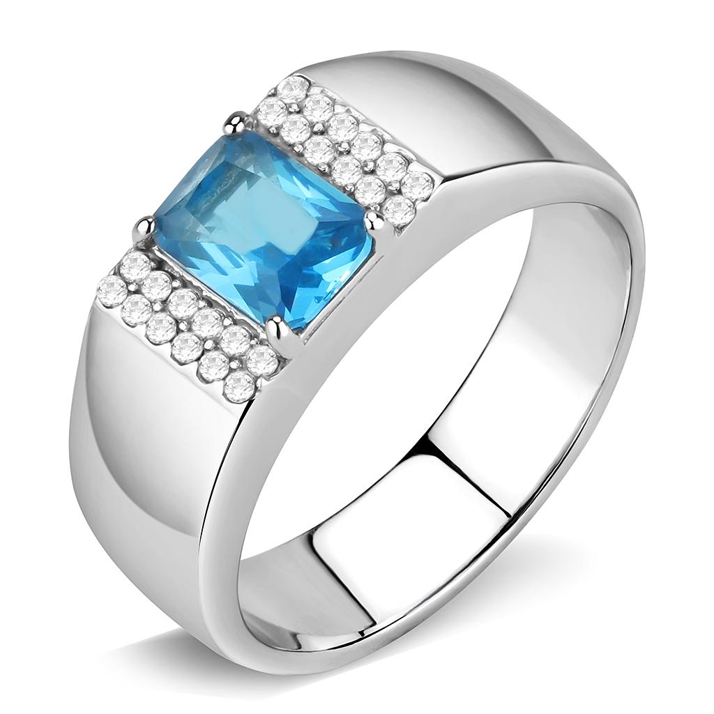 Silver Rings for Women 316L Stainless Steel DA344 - Glass in Sea Blue