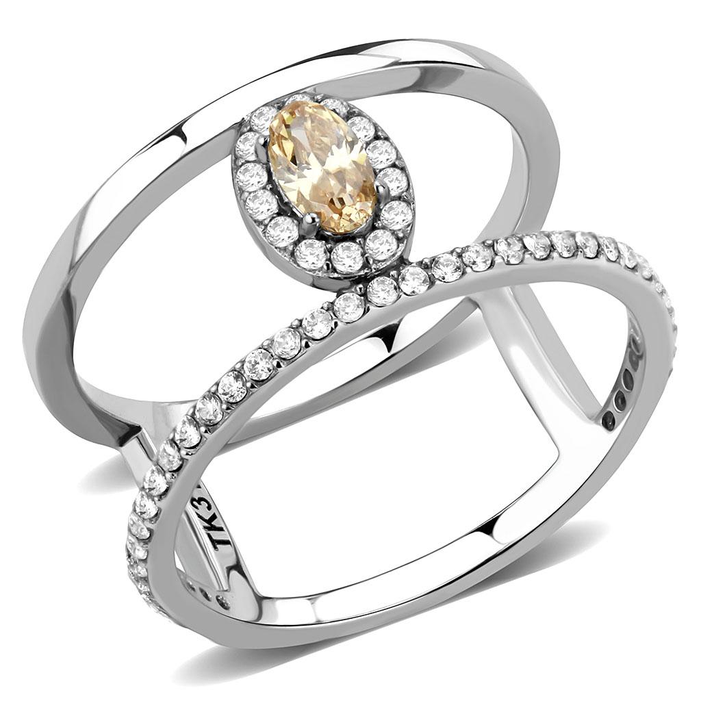 Silver Rings for Women 316L Stainless Steel DA352 - AAA Grade Cubic Zirconia in Champagne