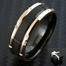 Load image into Gallery viewer, Tungsten Rings for Men Wedding Bands for Him 8mm Black Brushed Rose Gold Plated Edge Grooved
