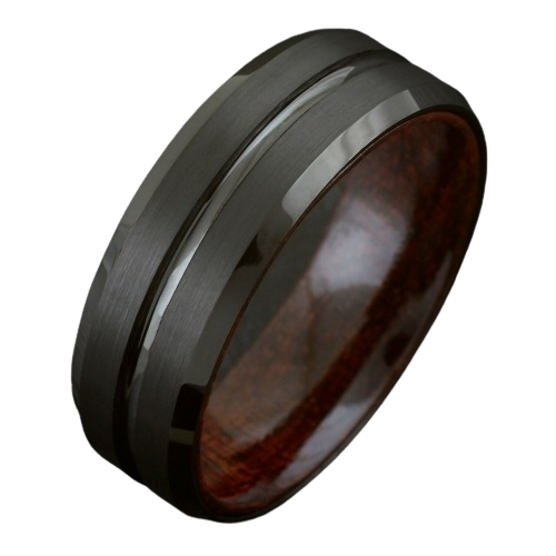 Tungsten Rings for Men Wedding Bands for Him 8mm Black Grooved Line Koa Wood
