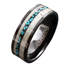 Load image into Gallery viewer, Mens Wedding Band Rings for Men Wedding Rings for Womens / Mens Rings Black Tungsten Carbide Ring Deer Antler and Turquoise

