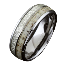 Load image into Gallery viewer, Tungsten Rings for Men Wedding Bands for Him 8mm Silver Tungsten Deer Antler &amp; White Meteorite
