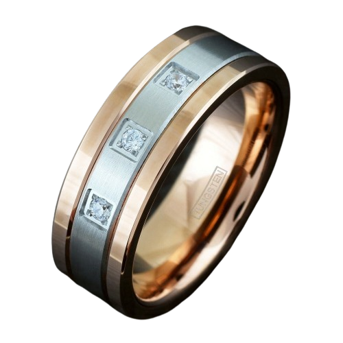 Tungsten Rings for Men Wedding Bands for Him 8mm Rose Gold Silver Center Stripe 0.15 Carat CZ