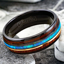 Load image into Gallery viewer, Tungsten Rings for Men Wedding Bands for Him 8mm Black Tungsten Koa Wood Hawaiian Blue Opal Stripe
