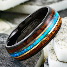 Load image into Gallery viewer, Mens Wedding Band Rings for Men Wedding Rings for Womens / Mens Rings Black Tungsten Koa Wood Hawaiian Blue Opal Stripe
