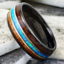 Load image into Gallery viewer, Tungsten Rings for Men Wedding Bands for Him 8mm Black Tungsten Koa Wood Hawaiian Blue Opal Stripe
