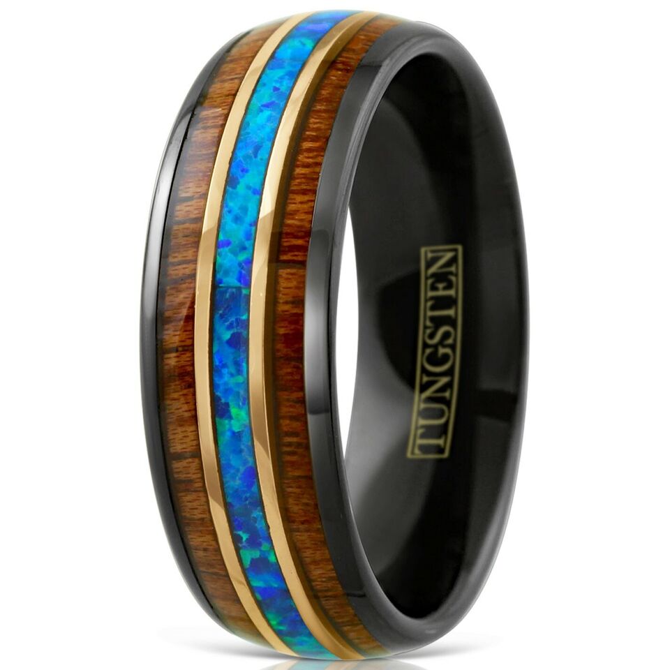 Tungsten Rings for Men Wedding Bands for Him 8mm Black Tungsten Koa Wood Hawaiian Blue Opal Stripe