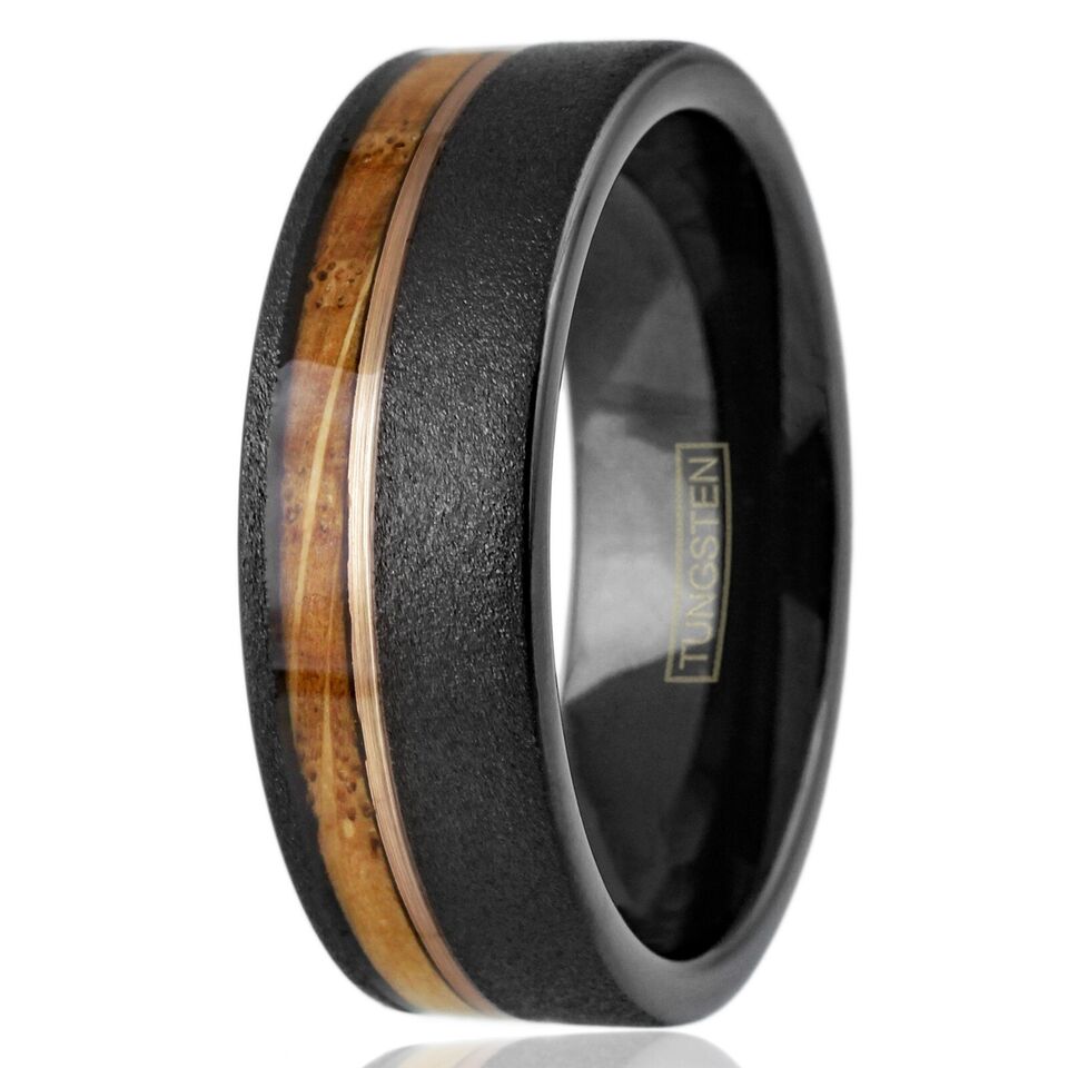 Tungsten Rings for Men Wedding Bands for Him 8mm Black Whiskey Barrel