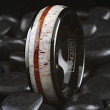 Load image into Gallery viewer, Tungsten Rings for Men Wedding Bands for Him 8mm Black Deer Antler &amp; Sandalwood Stripe
