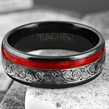 Load image into Gallery viewer, Tungsten Rings for Men Wedding Bands for Him 8mm Black Clockwork Gears &amp; Red Wire
