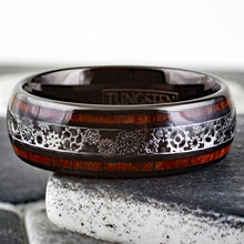 Load image into Gallery viewer, Tungsten Rings for Men Wedding Bands for Him 8mm Black Koa Wood Stripe &amp; Clockwork Gears
