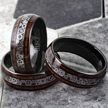 Load image into Gallery viewer, Tungsten Rings for Men Wedding Bands for Him 8mm Black Koa Wood Stripe &amp; Clockwork Gears
