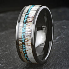 Load image into Gallery viewer, Mens Wedding Band Rings for Men Wedding Rings for Womens / Mens Rings Black Tungsten Carbide Ring Deer Antler and Turquoise
