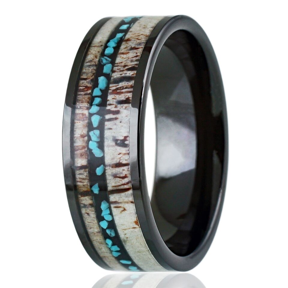 Mens Wedding Band Rings for Men Wedding Rings for Womens / Mens Rings Black Tungsten Carbide Ring Deer Antler and Turquoise
