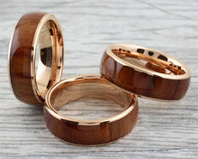 Load image into Gallery viewer, Mens Wedding Band Rings for Men Wedding Rings for Womens / Mens Rings Rose Gold Brown Wood
