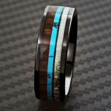 Load image into Gallery viewer, Mens Wedding Band Rings for Men Wedding Rings for Womens / Mens Rings Black Deer Antler Turquoise Koa Wood
