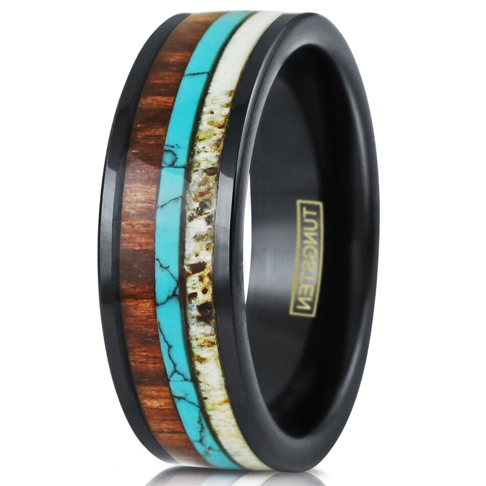 Mens Wedding Band Rings for Men Wedding Rings for Womens / Mens Rings Black Deer Antler Turquoise Koa Wood