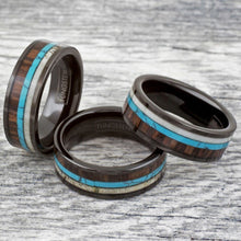 Load image into Gallery viewer, Mens Wedding Band Rings for Men Wedding Rings for Womens / Mens Rings Black Deer Antler Turquoise Koa Wood
