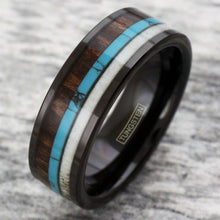 Load image into Gallery viewer, Mens Wedding Band Rings for Men Wedding Rings for Womens / Mens Rings Black Deer Antler Turquoise Koa Wood
