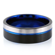 Load image into Gallery viewer, Tungsten Rings for Men Wedding Bands for Him 6mm Black Silver and Blue Stripe
