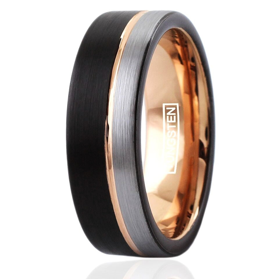 Mens Wedding Band Rings for Men Wedding Rings for Womens / Mens Rings 6mm Silver Black Off-Center Rose Gold