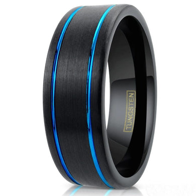 Men's Wedding Band - Brushed Black Ring with Dual Thin Blue Line Stripes - Wedding Rings for Men and Women