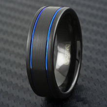 Load image into Gallery viewer, Engagement Rings for Women Mens Wedding Bands for Him and Her Promise / Bridal Mens Womens Rings 6mm Brushed Black-Dual Thin Blue Line Stripes
