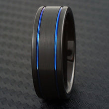 Load image into Gallery viewer, Tungsten Rings for Men Wedding Bands for Him 8mm Brushed Black-Dual Thin Blue Line Stripes
