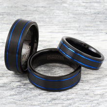 Load image into Gallery viewer, Mens Wedding Band Rings for Men Wedding Rings for Womens / Mens Rings Brushed Black-Dual Thin Blue Line Stripes
