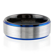 Load image into Gallery viewer, Tungsten Rings for Men Wedding Bands for Him 6mm Silver Stripe Blue Edge Black Inside
