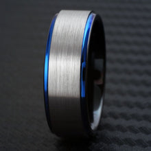 Load image into Gallery viewer, Mens Wedding Band Rings for Men Wedding Rings for Womens / Mens Rings 6mm Silver Stripe Blue Edge Black Inside
