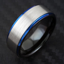 Load image into Gallery viewer, Mens Wedding Band Rings for Men Wedding Rings for Womens / Mens Rings 6mm Silver Stripe Blue Edge Black Inside
