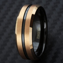 Load image into Gallery viewer, Mens Wedding Band Rings for Men Wedding Rings for Womens / Mens Rings Brushed Rose Gold Plated Black Stripe
