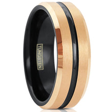 Load image into Gallery viewer, Tungsten Rings for Men Wedding Bands for Him 6mm Brushed Rose Gold Plated Black Stripe
