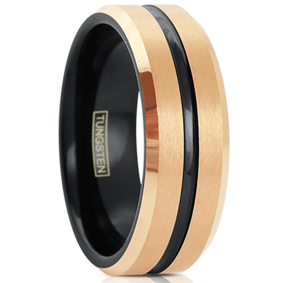 Mens Wedding Band Rings for Men Wedding Rings for Womens / Mens Rings 6mm Brushed Rose Gold Plated Black Stripe