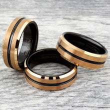 Load image into Gallery viewer, Tungsten Rings for Men Wedding Bands for Him 6mm Brushed Rose Gold Plated Black Stripe
