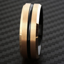 Load image into Gallery viewer, Mens Wedding Band Rings for Men Wedding Rings for Womens / Mens Rings 6mm Brushed Rose Gold Plated Black Stripe
