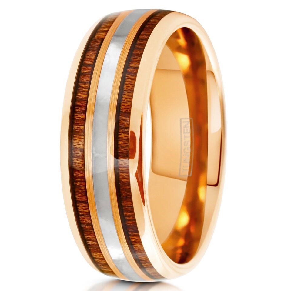 Mens Wedding Band Rings for Men Wedding Rings for Womens / Mens Rings Rose Gold Plated Mother of Pearl and Koa Wood