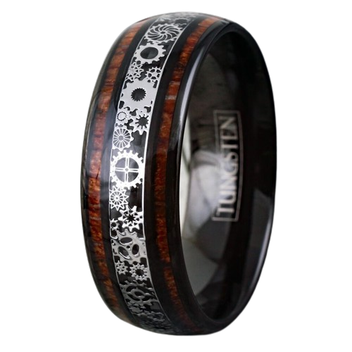 Mens Wedding Band Rings for Men Wedding Rings for Womens / Mens Rings Black Koa Wood Stripe & Clockwork Gears