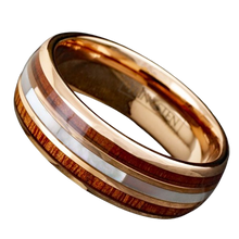 Load image into Gallery viewer, Mens Wedding Band Rings for Men Wedding Rings for Womens / Mens Rings Rose Gold Plated Mother of Pearl and Koa Wood
