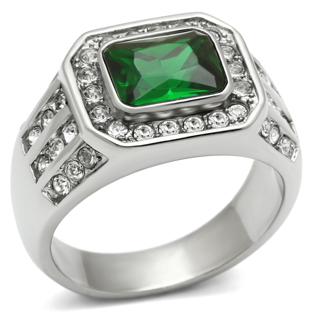 Rings for Men Silver Stainless Steel TK495 with Glass in Emerald