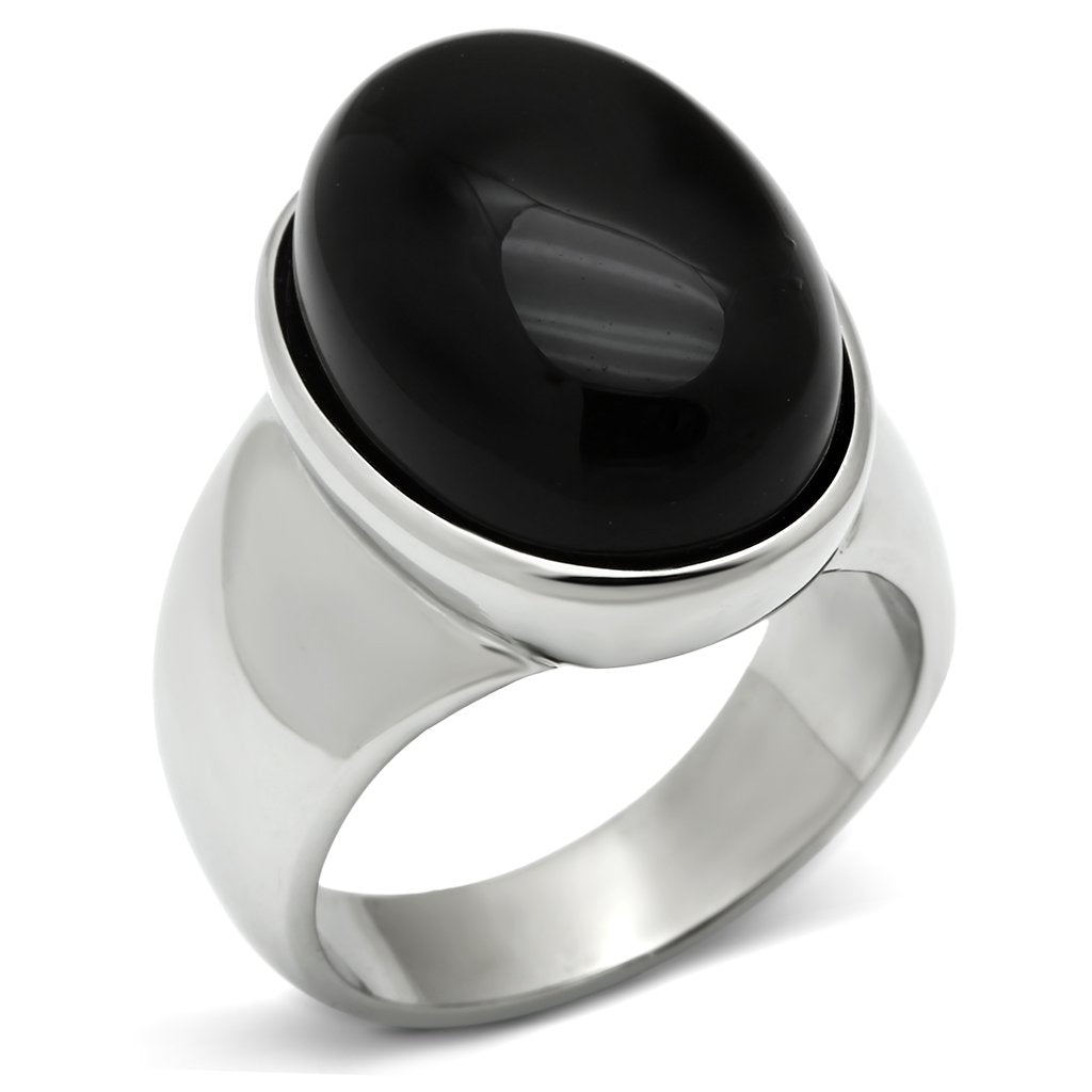 Rings for Men Silver Stainless Steel TK501 with Semi-Precious Onyx in Jet